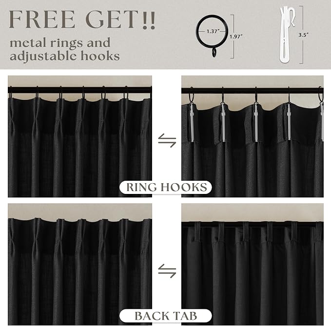 Black Pinch Pleated Linen Semi Sheer 120 Inch Curtains 2 Panels | Light - Image 5