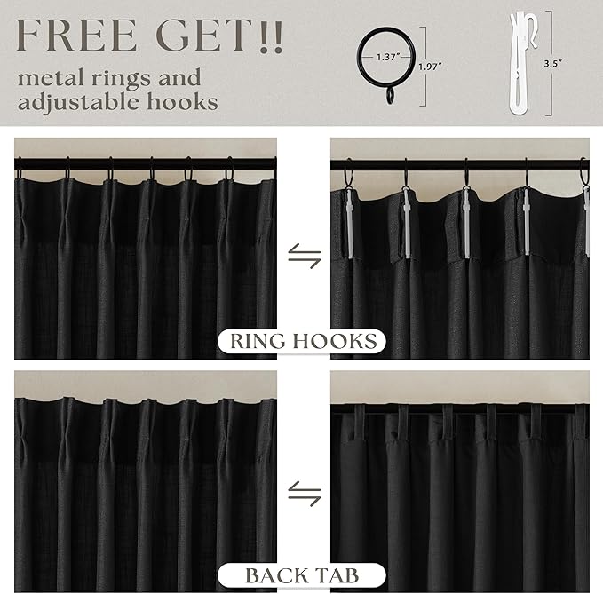 Black Pinch Pleated Linen Semi Sheer 102 Inch Curtains 2 Panels | Light - Image 5