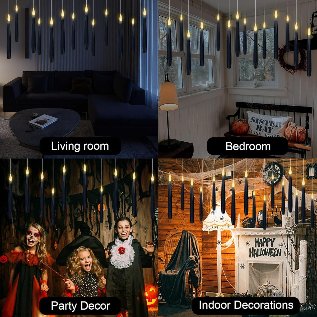GenSwin 22pcs Flameless Floating Candle with Magic Wand Remote Timer, Battery Operated Hanging Window Candles Flickering, 6.1" LED Electric Candles for Christmas Halloween Decorations(Black)
