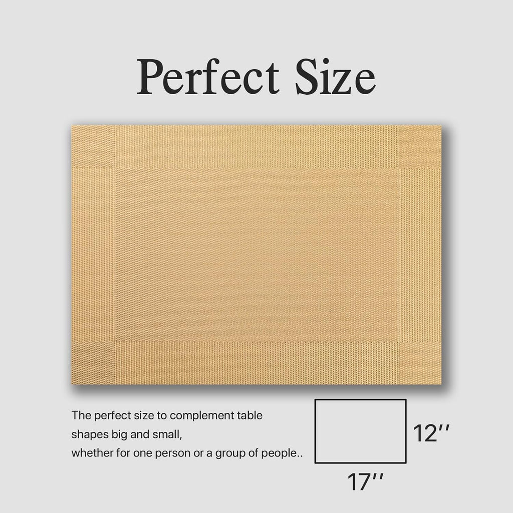 Placemats Set of 6 - Easy Clean Woven Vinyl Placemats for Dining Table, Indoor/Outdoor Place Mats, Washable PVC Table Mats（Gold Cube）
