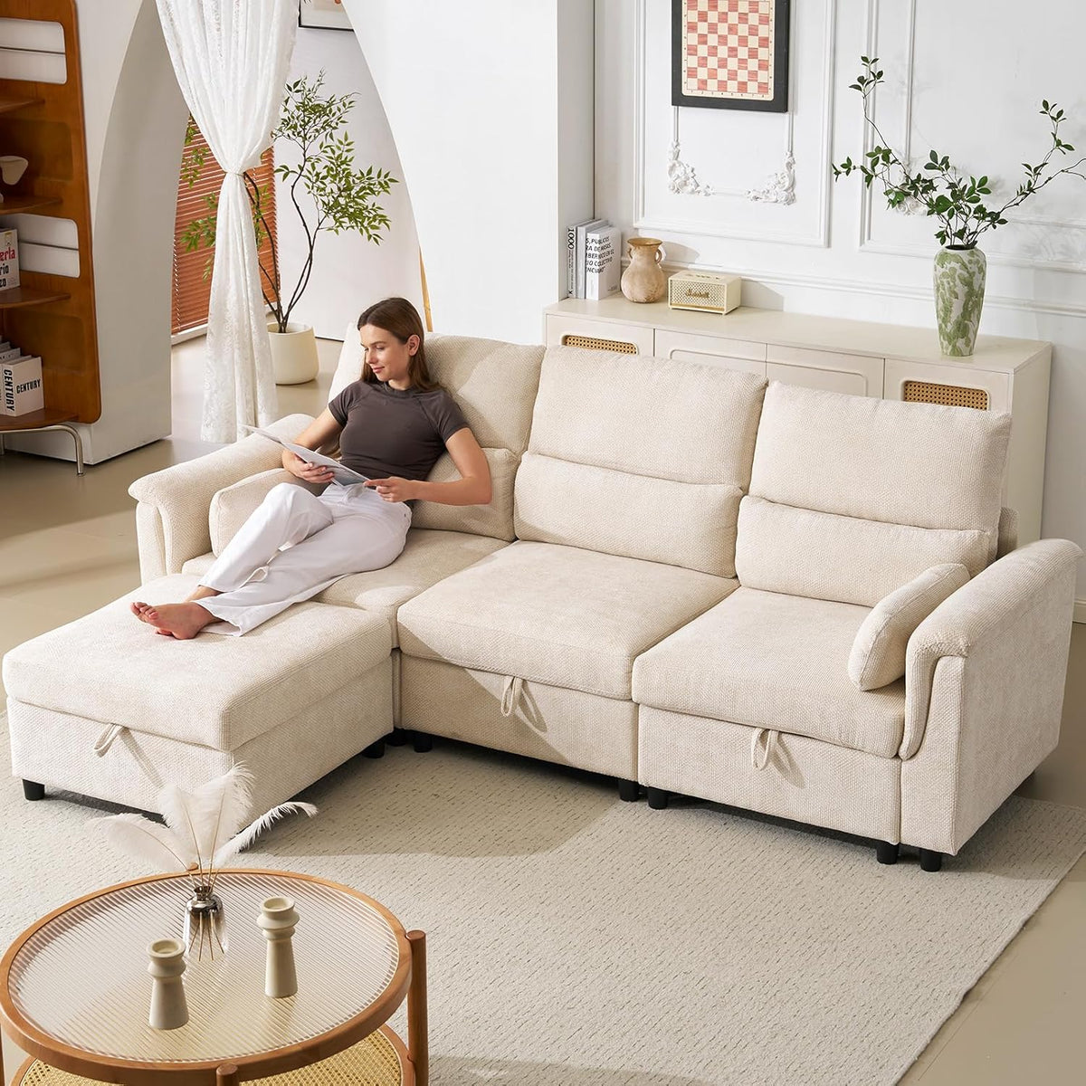 103'' Modular Sectional Sofa, L Shaped Comfy Cloud Couch with Storage,4-Seat Convertible Modern Deep Seat Sofa with Throw Pillows for Living Room,Beige