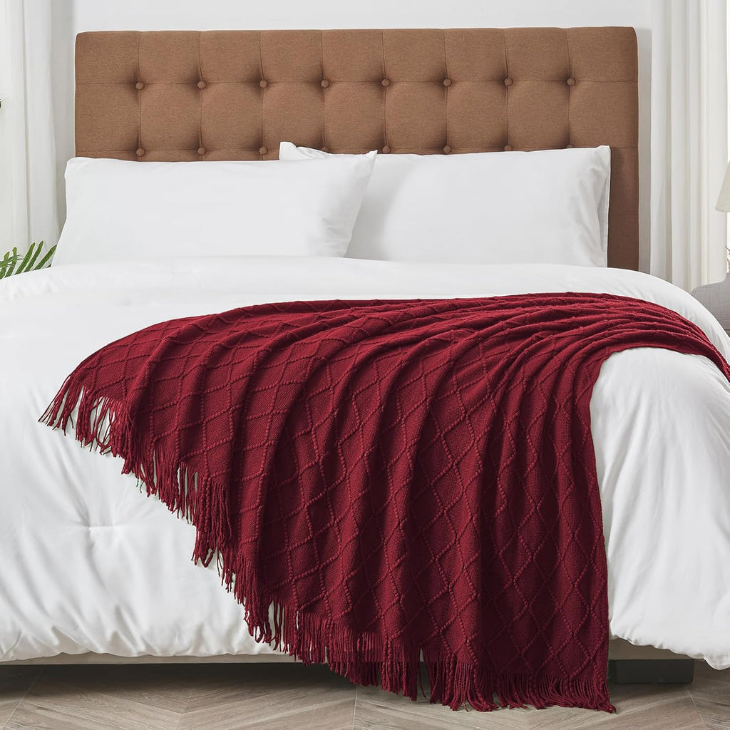 inhand Knitted Throw Blankets for Couch and Bed, Soft Cozy Knit Blanket with Tassel, Claret Lightweight Decorative Blankets and Throws, Farmhouse Warm Woven Blanket for Men and Women, 50"x60"