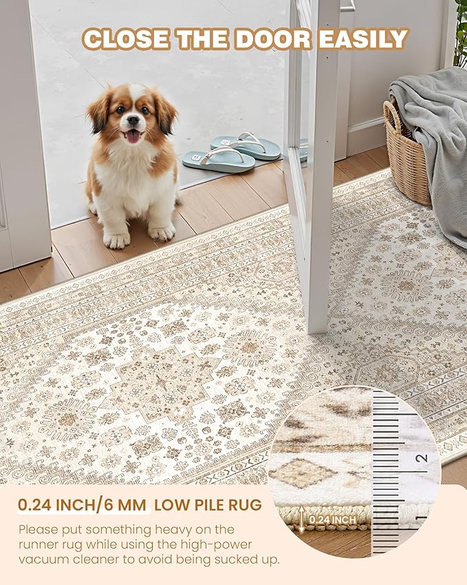 Washable Runner Rug 2.5x14, Long Kitchen Rugs Non-Slip, Cream/Beige | Vintage - Image 6