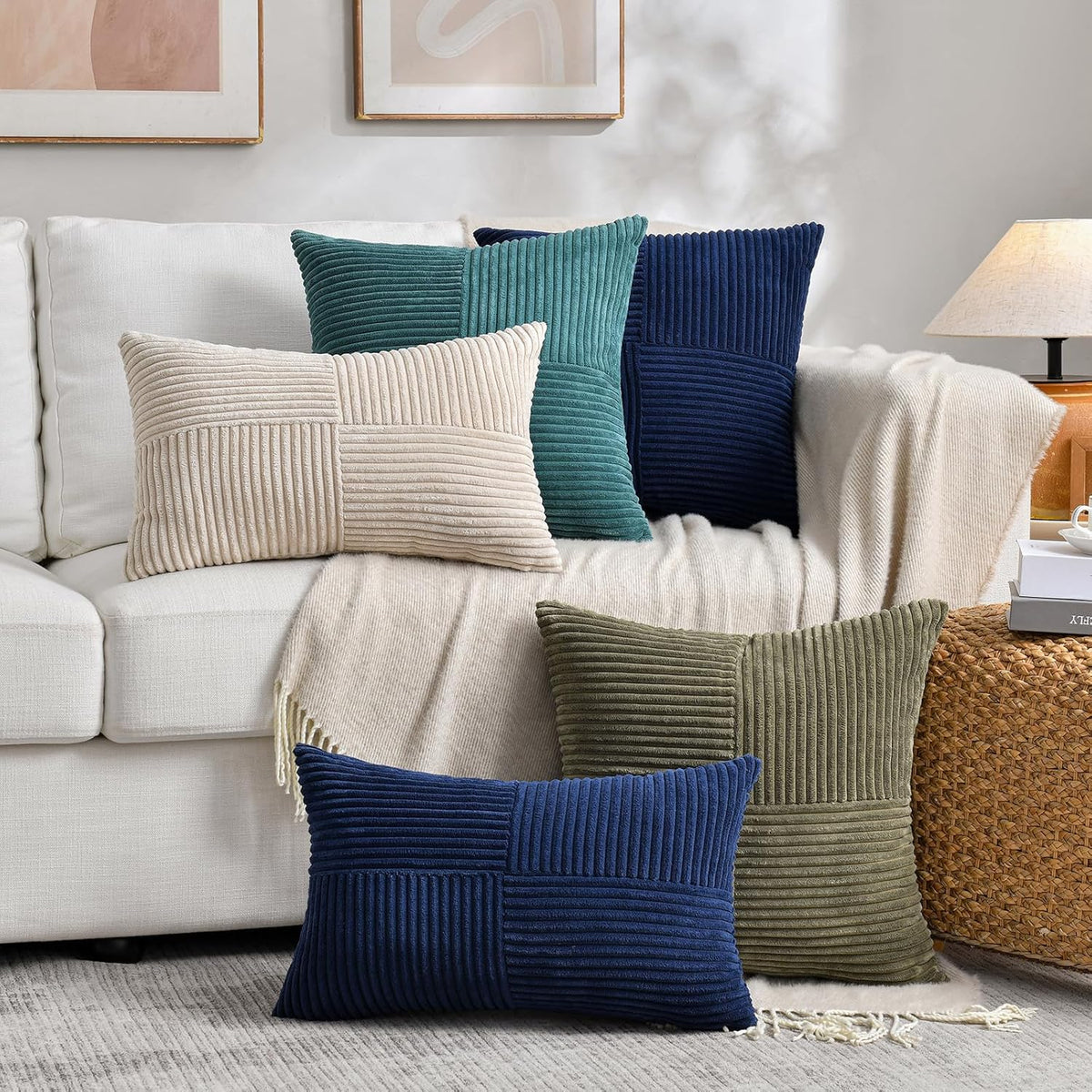Fancy Homi 2 Packs Tan Lumbar Decorative Throw Pillow Covers 16x32 Inch for Living Room Couch Bed Sofa, Boho Home Decor, Soft Striped Corduroy Rectangle Accent Beige Cushion Case 40x80 cm