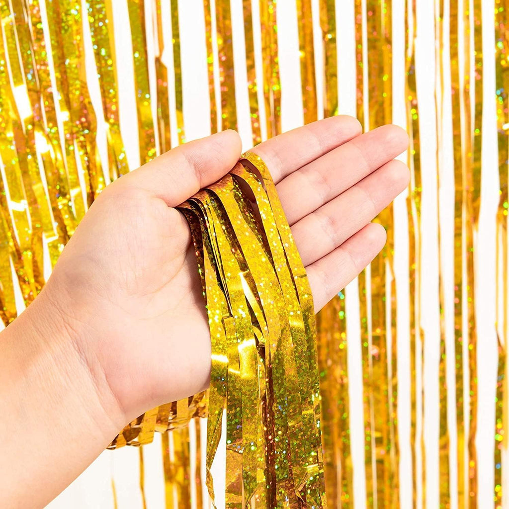 BRAVESHINE Gold Tinsel Foil Fringe Curtains - 2Pcs 3.2x8.2ft Holidays Photo Backdrop for Men 60th Birthdays/Bridal Wedding/Engagement/Anniversary/Hawaiian/Luau/Christmas/New Years Party Decorations
