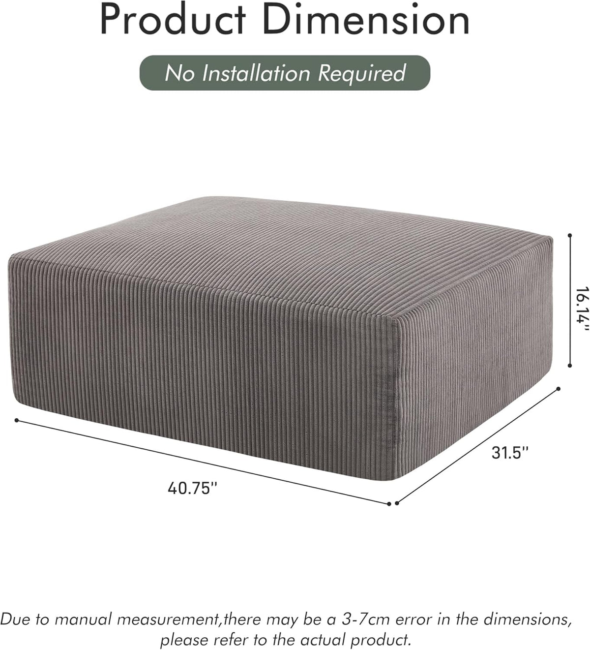 40" Square Stuffed Ottoman Pouf for Sofa Couch, Corduroy Poufs with Foam Chunk Filling, Furry & Fluffy Foot Stool Movable Ottoman. 40 * 31 Floor Poufs Foot Rest for Living Room, Grey