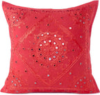 Eyes of India Embroidered Decorative Boho Throw Pillow Cover with Mirrors, Handmade Bohemian Accent Cushion Case for Sofa Couch Bedroom Living Room (Red, 24" x 24")