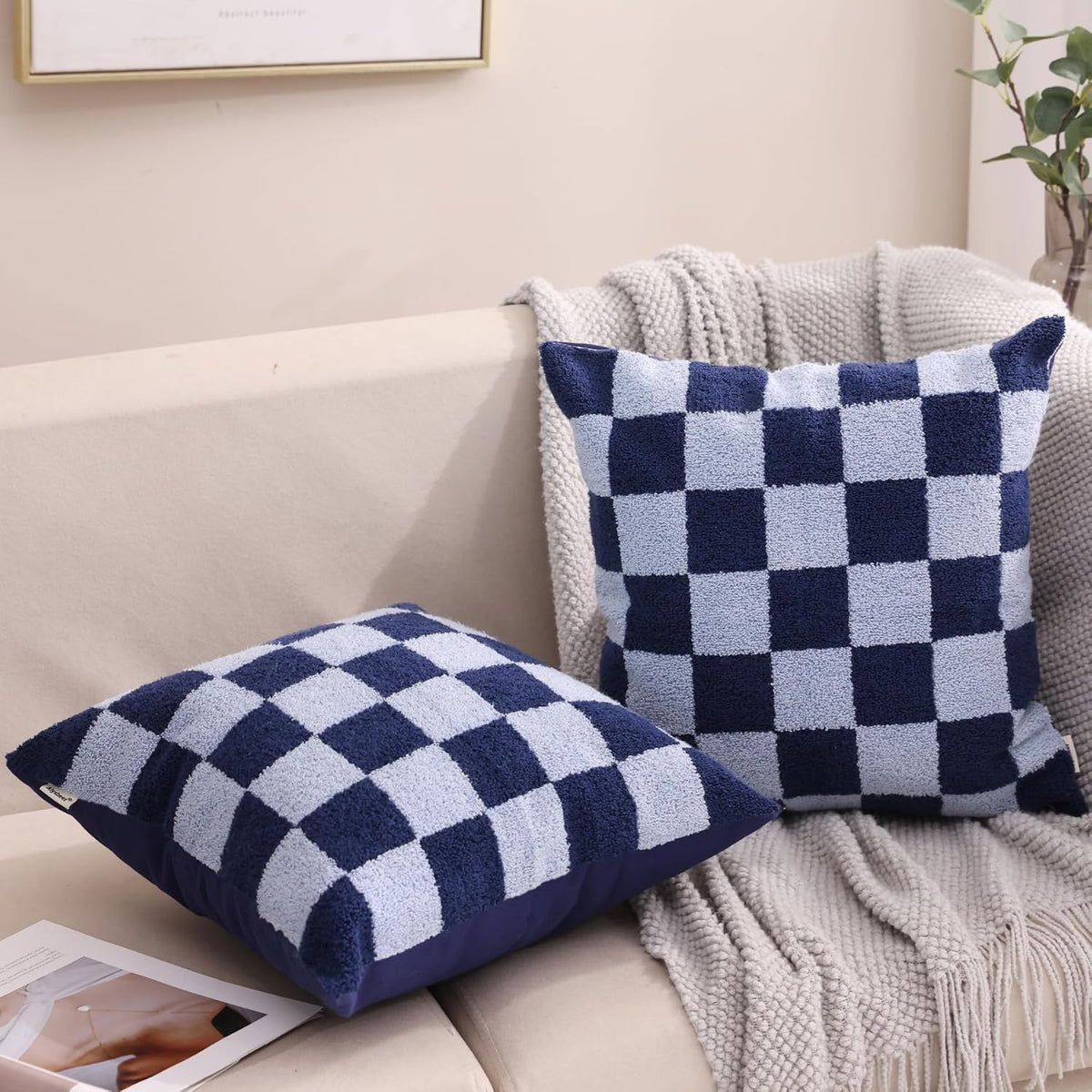 Alysheer Checkered Embroidered Decorative Throw Pillow Covers 18"x 18" Set of 2, Classic Chic Navy Blue Plaid Tufted Patterned Cotton Canvas Cushion Case for Sofa Couch Bed Living Room