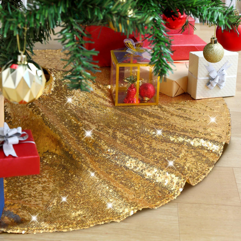 Tree Skirt 48 Inch Gold Christmas Tree Skirt Sequin Tree Skirt for 6ft Tree Glitter Gold Christmas Decorations