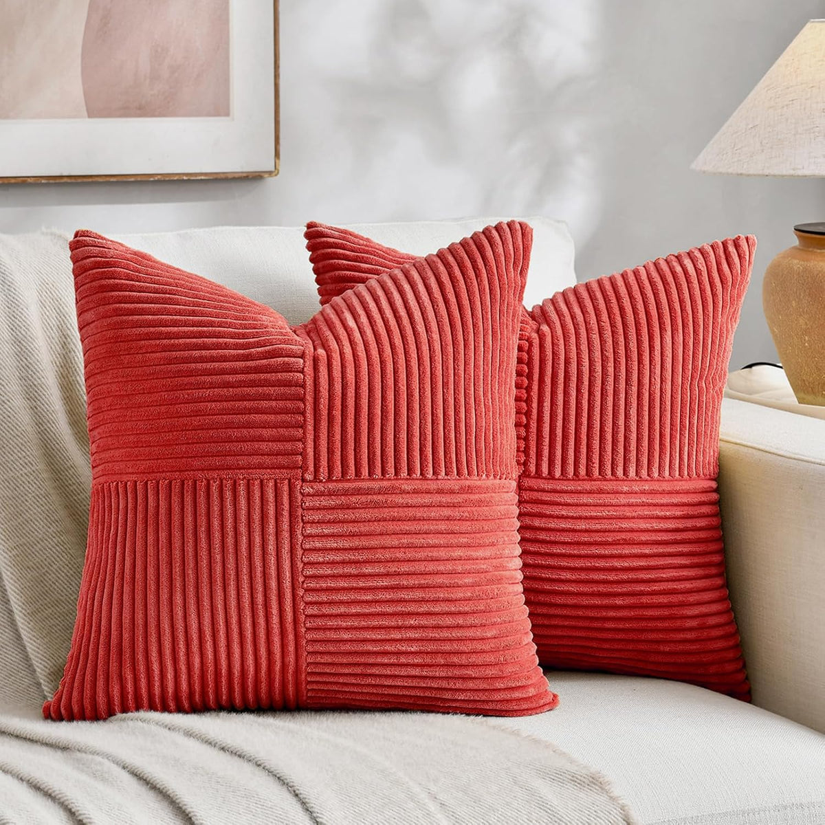 Fancy Homi 2 Packs Red Decorative Throw Pillow Covers 20x20 Inch for Living Room Couch Bed Sofa, Holiday Christmas Home Decor Gift, Soft Corss Corduroy Patchwork Accent Square Cushion Case 50x50 cm