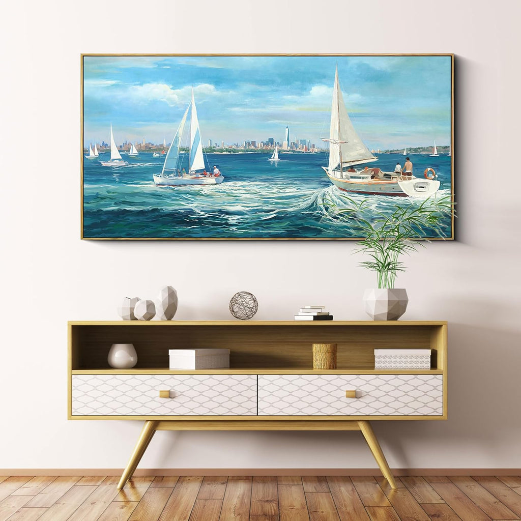 XLSJERST Large Blue Canvas Wall Art Seascape Painting - Landscape Picture Textured Navy Modern Sailboat Ocean Artwork Framed for Living Room Bedroom Bathroom Home Office Wall Decor Large Size 29"x58"