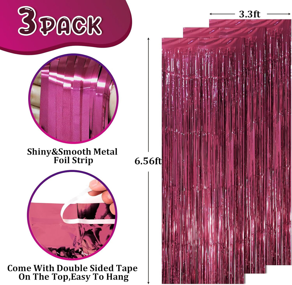 3 Pack 3.3 x 8.2 ft Burgundy Foil Fringe Backdrop Curtains, Tinsel Streamers Party Decorations, Fringe Backdrop, Door Shimmer for Graduation, 70s, 80s, 90s Party