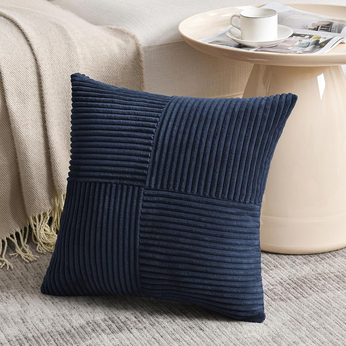 Fancy Homi 2 Packs Navy Blue Decorative Throw Pillow Covers 20x20 Inch for Living Room Couch Bed Sofa, Rustic Farmhouse Boho Home Decor, Soft Corss Corduroy Patchwork Accent Cushion Case 50x50 cm