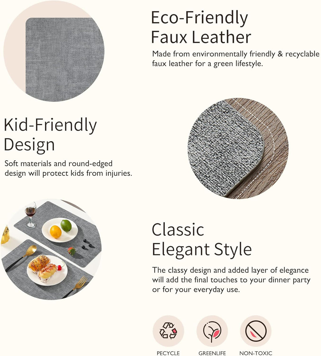 Maxpearl Faux Leather Placemats Set of 4 - Waterproof - Wipe Clean - Heat Resistant - Anti Slip Dining Table Place Mats, Suitable for Indoor & Outdoor Use, 17’’×12’’, Grey