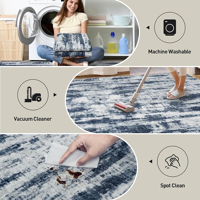 10x14 Area Rugs for Living Room: Washable Abstract Blue Grey Badroom Carpet | - Image 4
