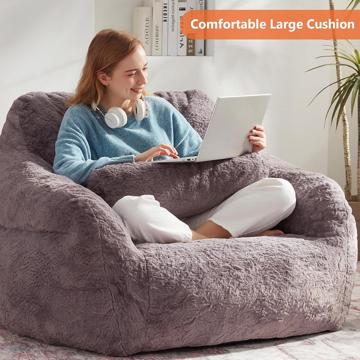 Bean Bag Chair for Adults with Pillow,Oversized Bean Bag Couch Chairs for Adults,Giant Lazy Couch Sofa Chairs with Filler,Large Reading Chair for Living Room Bedroom,Dark Gray