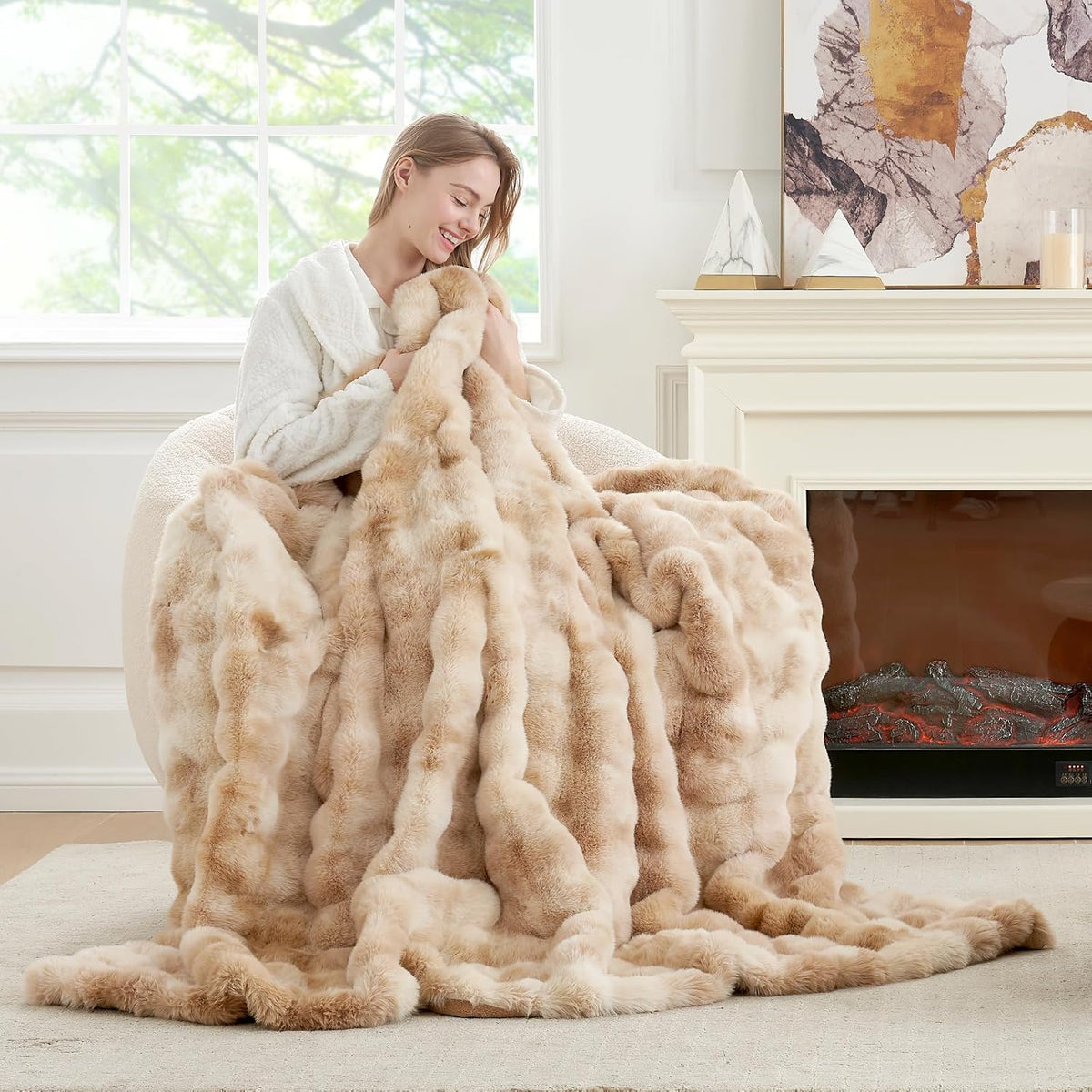 Cozy Bliss Faux Fur Throw Blanket for Couch, Fuzzy Soft Plush Thick Bubble Blanket for Sofa Bedroom Living Room, 50 * 60 Inches Tie-dye Beige
