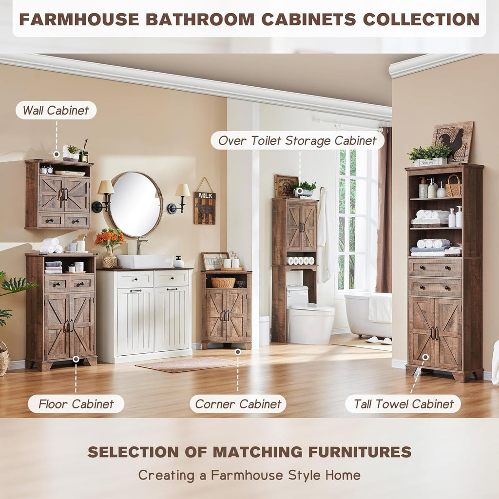 Corner Bathroom Cabinet, Farmhouse Small Corner Cabinet with Barn Door & Adjustable Shelf, Storage Cabinets for Bathroom, Kitchen, Living Room, Rustic Brown