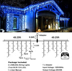 98FT Blue Icicle Lights for Outside, 1216 LED Icicle Christmas Lights with 8 Modes 228 Drops, Curtain Twinkle Lights for Indoor Outdoor Bedroom House Holiday Party Wedding Decorations