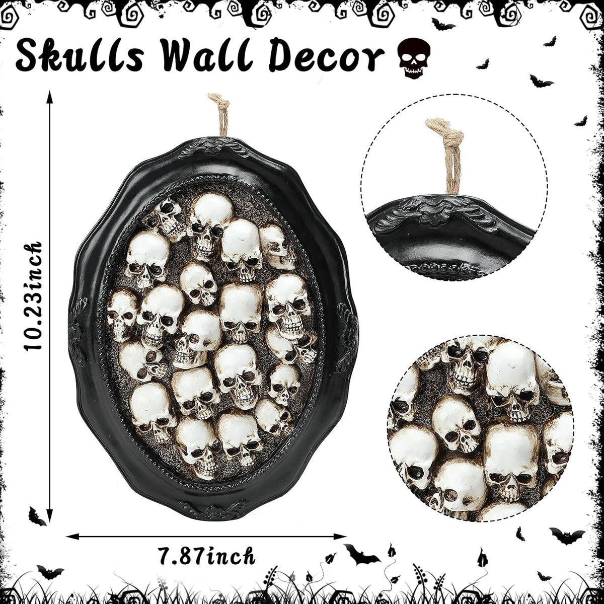 10.2" Halloween Skull Decorations, Gothic Skeleton Head Halloween Hanging Wall Decor, Resin Skull Sculptures for Halloween Indoor Outdoor Holiday Party Home Decoration