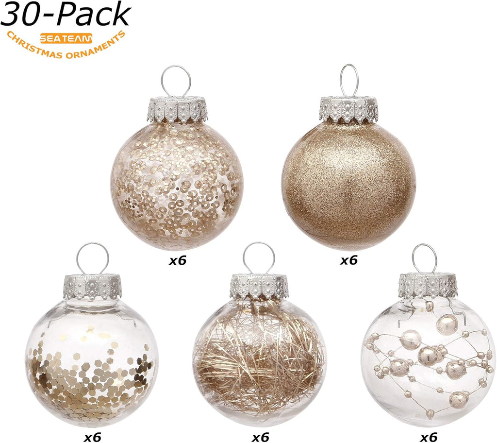 Sea Team 50mm/1.97" Shatterproof Clear Plastic Christmas Tree Ball Ornaments Set, Decorative Hanging Transparent Xmas Baubles with Stuffed Delicate Decorations (30 Counts, Champagne)