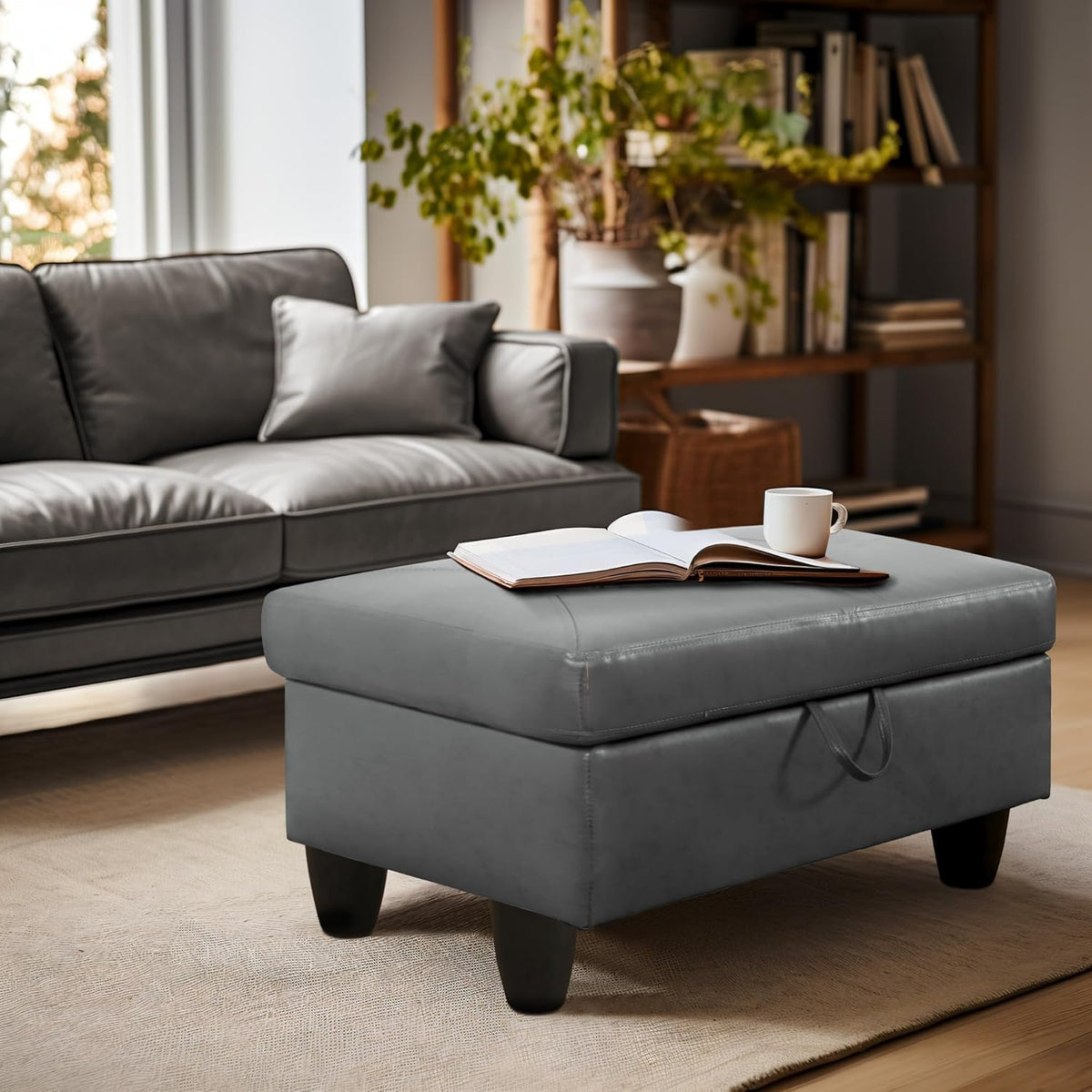Ottoman Rectangular Storage Ottoman Bench, Faux Leather Footrest, Coffee Table, Stool Footstool with Hinged Lid for Living Room, Bedroom, Entryway, Gray, 28.5"x19"x17.5"