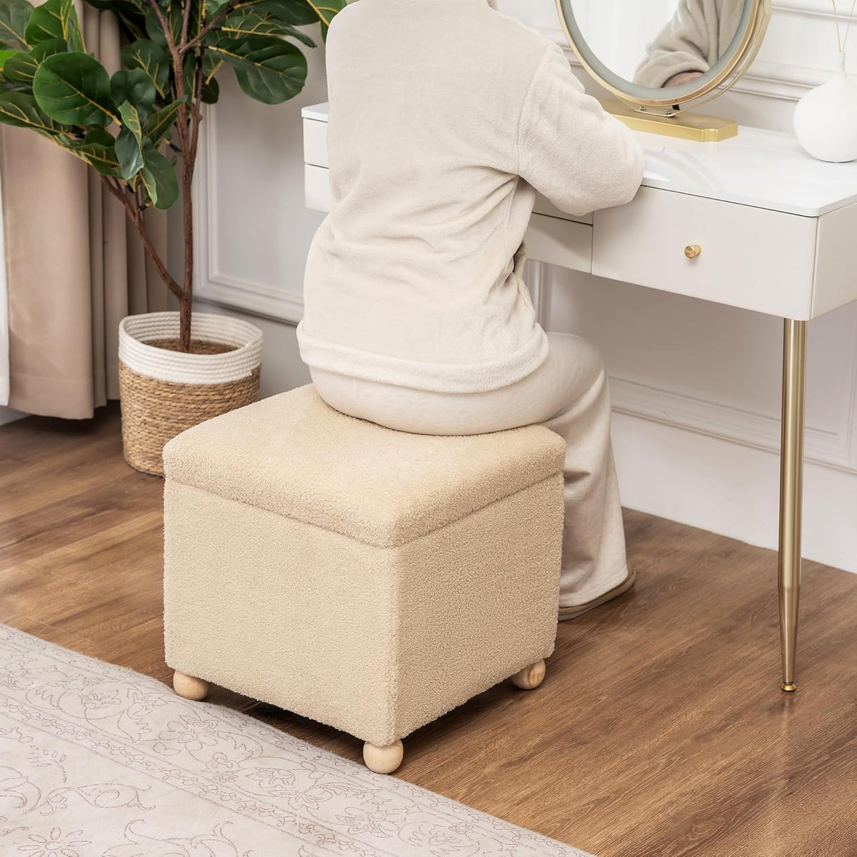 Adeco 17 Inch Soft Oatmeal Cube Ottoman Storage, Teddy Velvet Chair Foot Stools, Upholstered Vanity Stool with Hinged Lid, Solid Round Wood Legs