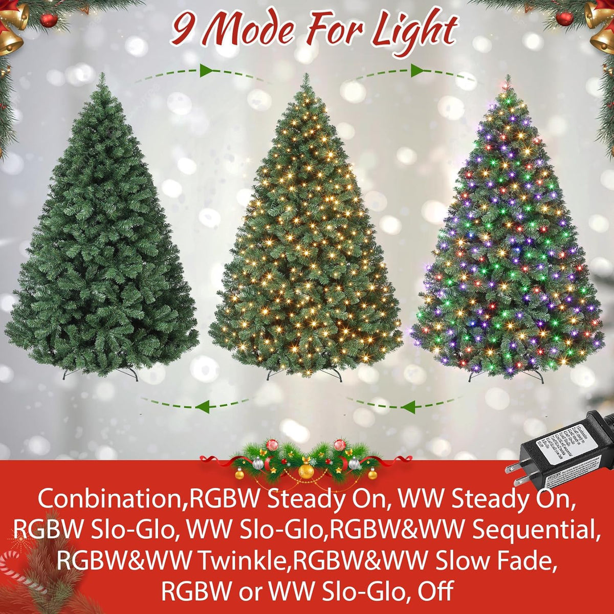 7.5ft Prelit Christmas Tree - Fluffy Fraser Fir with 600 Multicolor Lights & 9 Modes, Hinged Branches & 1300 Tips, Artificial Christmas Tree Includes Stand with Foot Switch for Holiday Home Decor