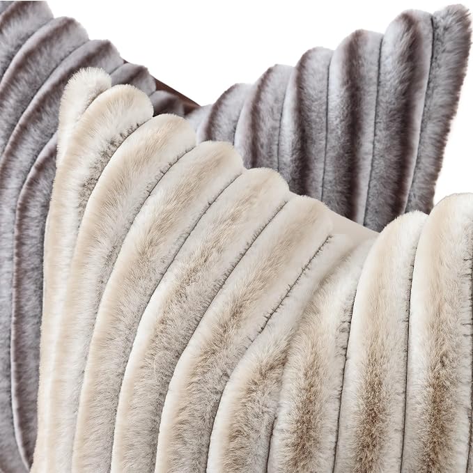 decorUhome Fall Faux Fur Throw Pillow Covers 22x22 Set of 2 Brown White | - Image 2