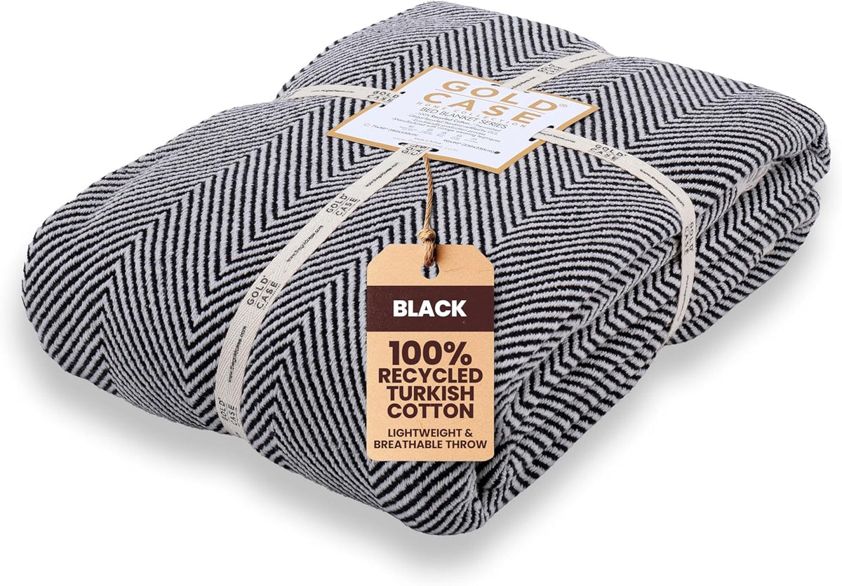Gold Case Throw Blanket for Bed – 100% Recycled Turkish Cotton Bed Blanket – Decorative Throw Cotton Blankets for Living Room & Bedroom – Elegant Black Woven Queen Blankets – 90x90