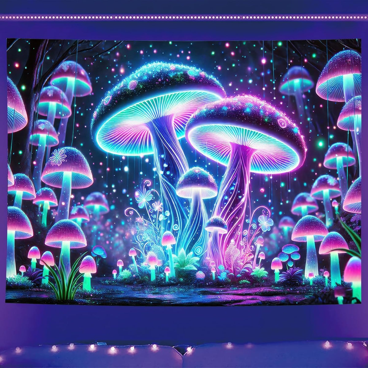 Starlit Patio Blacklight Mushroom Tapestry UV Reactive Trippy Glowing Wall Hanging Tapestry for Bedroom Living Room Dorm Aesthetic Psychedelic Forest Decor Fluorescent Poster Large 78 x 59 Inch