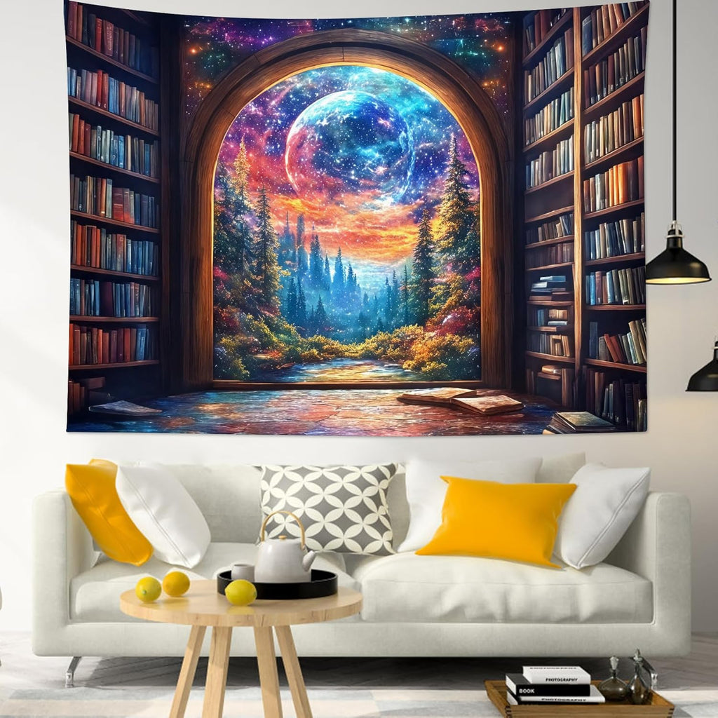 LB Fantasy Bookshelf Moon Tapestry, Trippy Tree and Vintage Library in Forest Wall Tapestry for Bedroom, Galaxy Cool Wall Art for Living Room Dorm Classroom Home Decor Ready to Hanging, 80 x 60 Inches