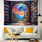 LB Fantasy Bookshelf Moon Tapestry, Trippy Tree and Vintage Library in Forest Wall Tapestry for Bedroom, Galaxy Cool Wall Art for Living Room Dorm Classroom Home Decor Ready to Hanging, 80 x 60 Inches