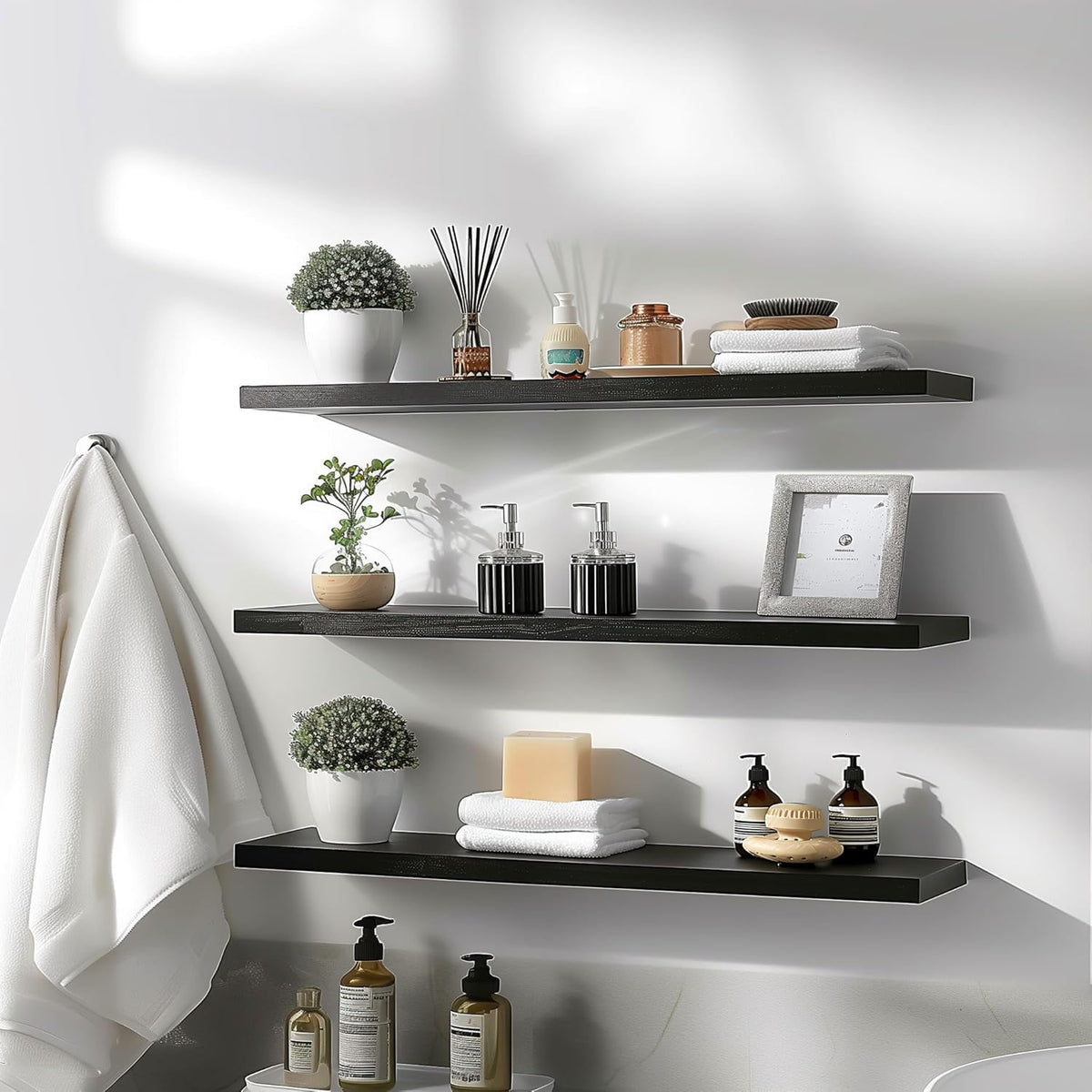 Wood Floating Shelves for Wall Decor, Rustic Wall Shelves for Bedroom Bathroom Kitchen Living Room, Set of 4 Black 36 Inch