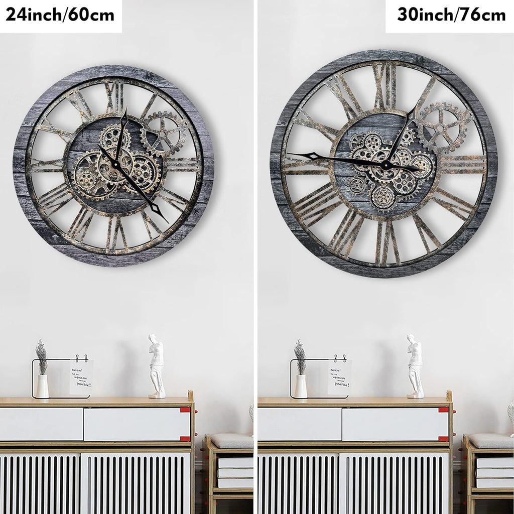 The B-Style Large Real Moving Gears Wall Clock 30 inch Rustic Retro Industrial Farmhouse Wood Clock Oversized Decorative Vintage Wall Clocks for Living Room (Carbon Gray)