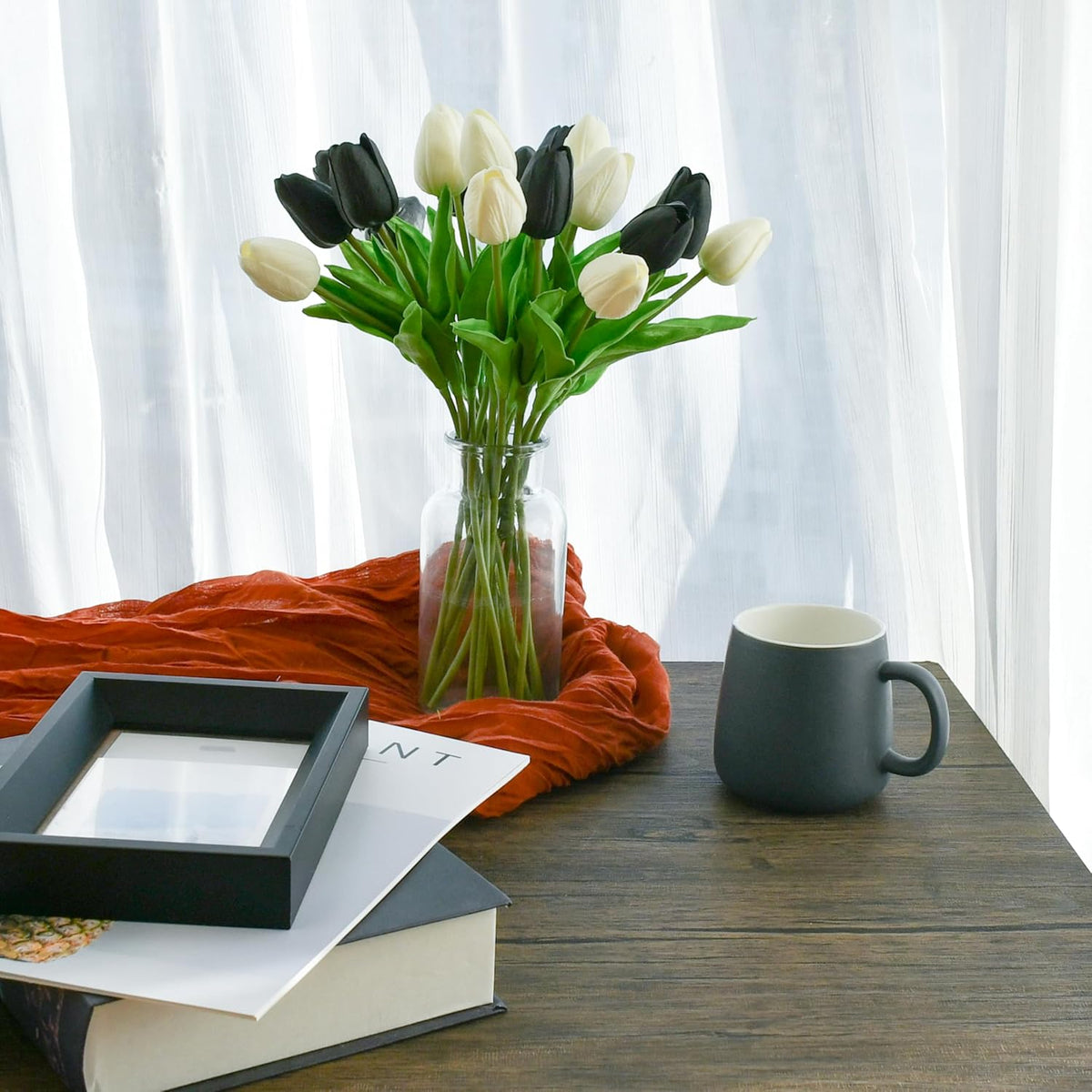 Mandy's Artificial Tulips 20 Stems Black and White PU Faux Flowers for Wedding Home Decor 13.5 Inch