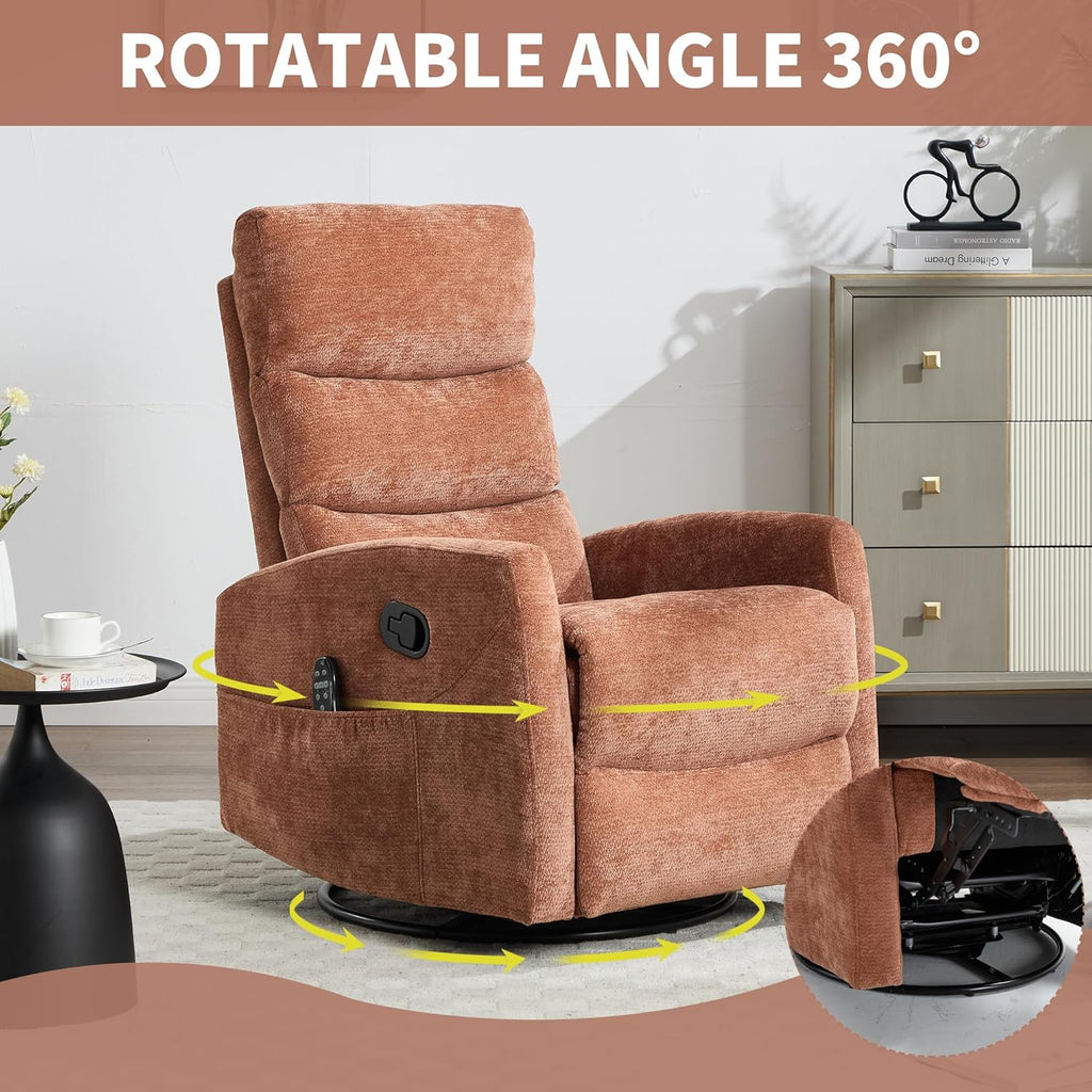 Manual Swivel Rocker Recliner Chair for Adults, Overstuffed Reclining Glider Chair for Nursing with Vibration Massage & Heat, Living Room Rocking Recliner 3-Stage backrest, Chenille Fabric Orange