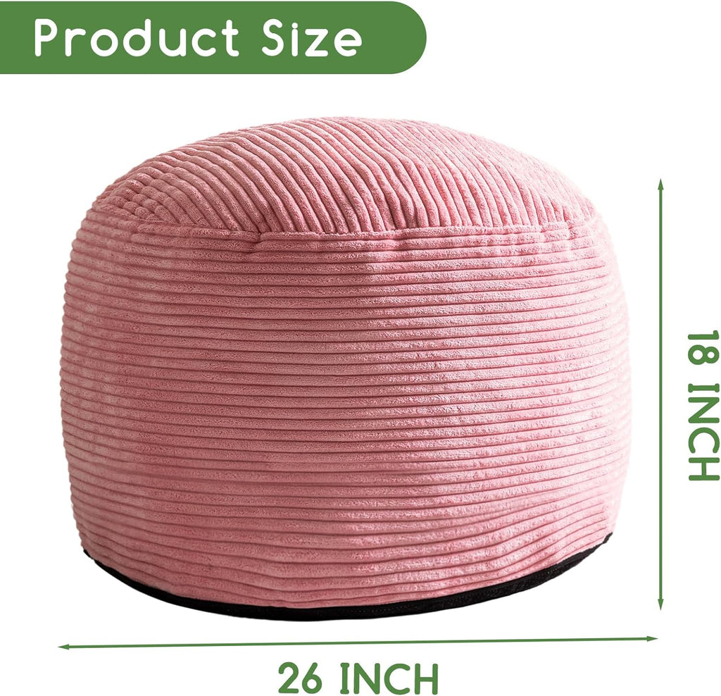 HIGOGOGO Round Stuffed Pouf Ottoman, Corduroy Poufs with Foam Chunk Filling, Furry and Fluffy Pouf Foot Stool Storage Ottoman, 26 X 18 Floor Poufs Foot Rest for Living Room, Pink