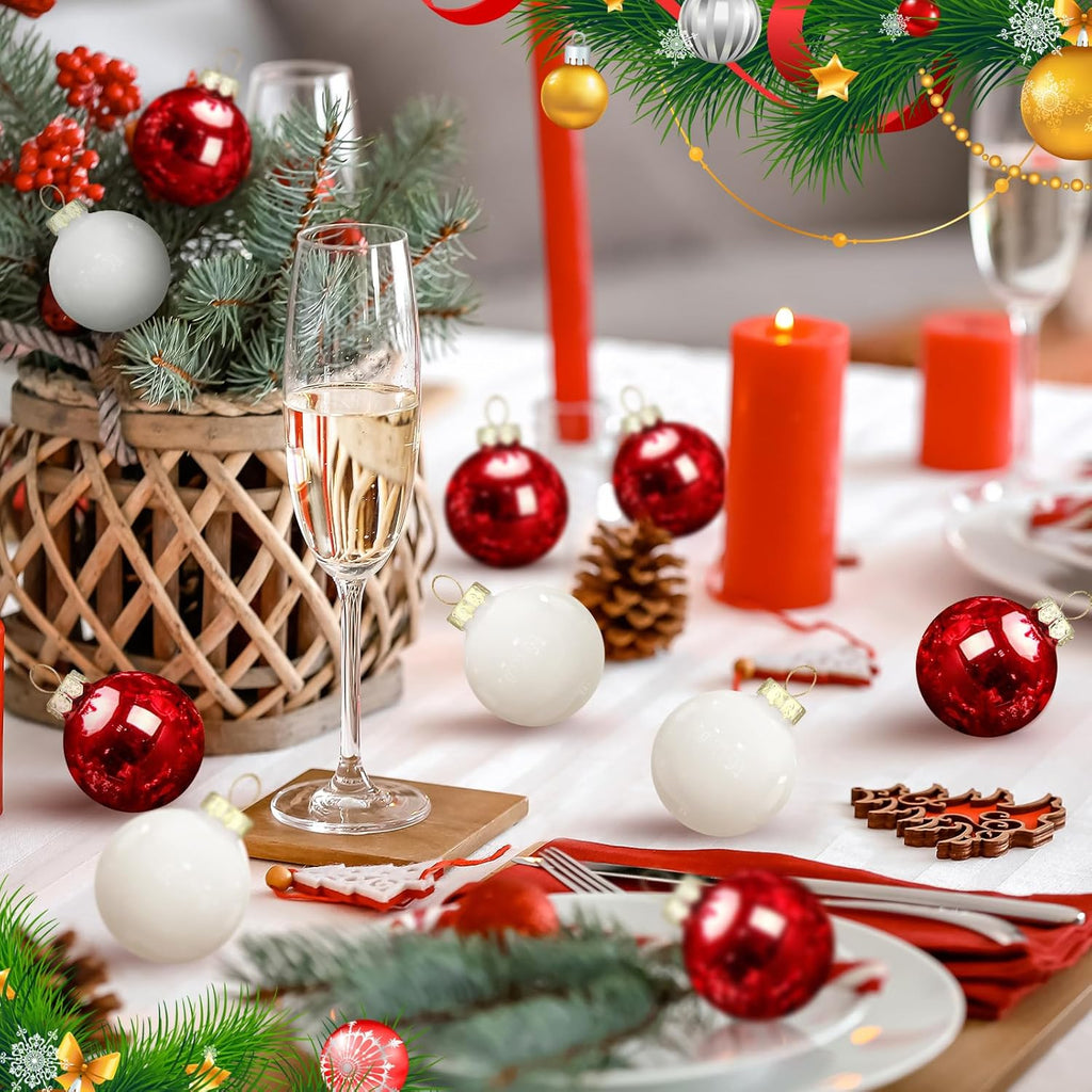 Tioncy 32 Pcs 1 Inch Mini Glass Christmas Ornaments Balls Shiny Christmas Balls Tiny Tree Hanging Decoration Small Colorful Ball Pendant for Xmas Party Supplies(Red, White)