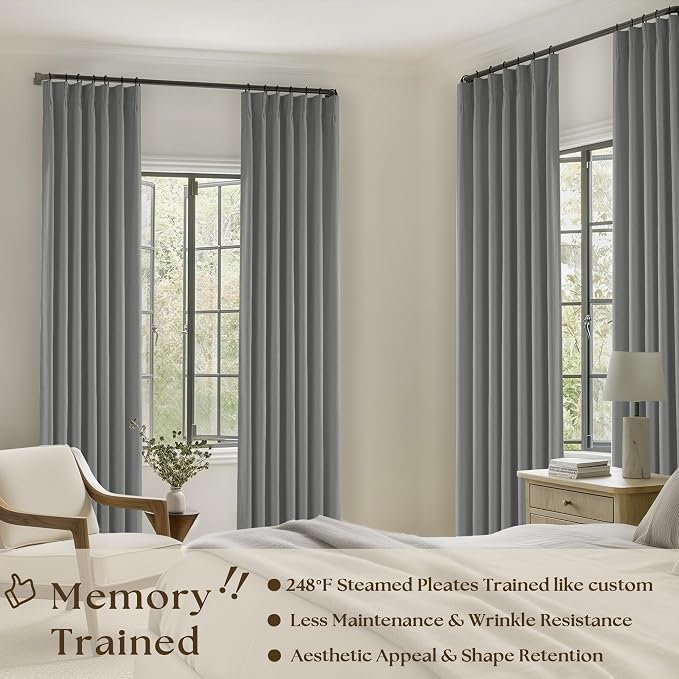 Grey Pleat Linen Blackout 102 Inch Curtains - Image 2