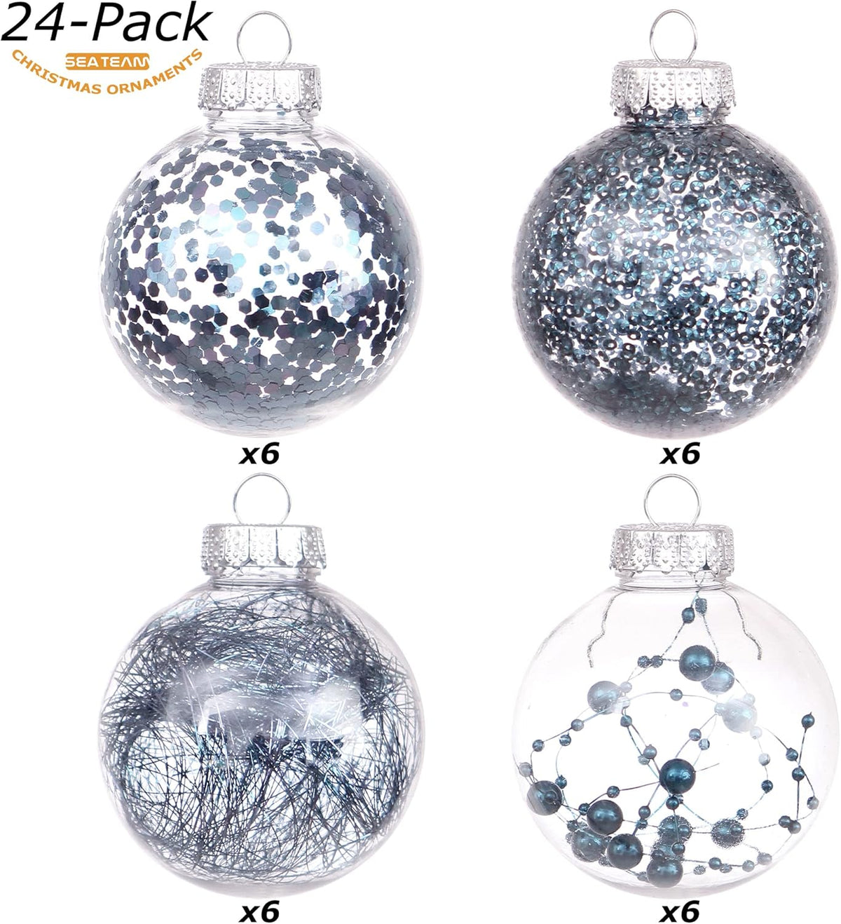 Sea Team Shatterproof Clear Plastic Christmas Ball Ornaments Decorative Xmas Balls Baubles Set with Stuffed Delicate Decorations (70mm/2.76 inch 24-Pack, Stone Blue)