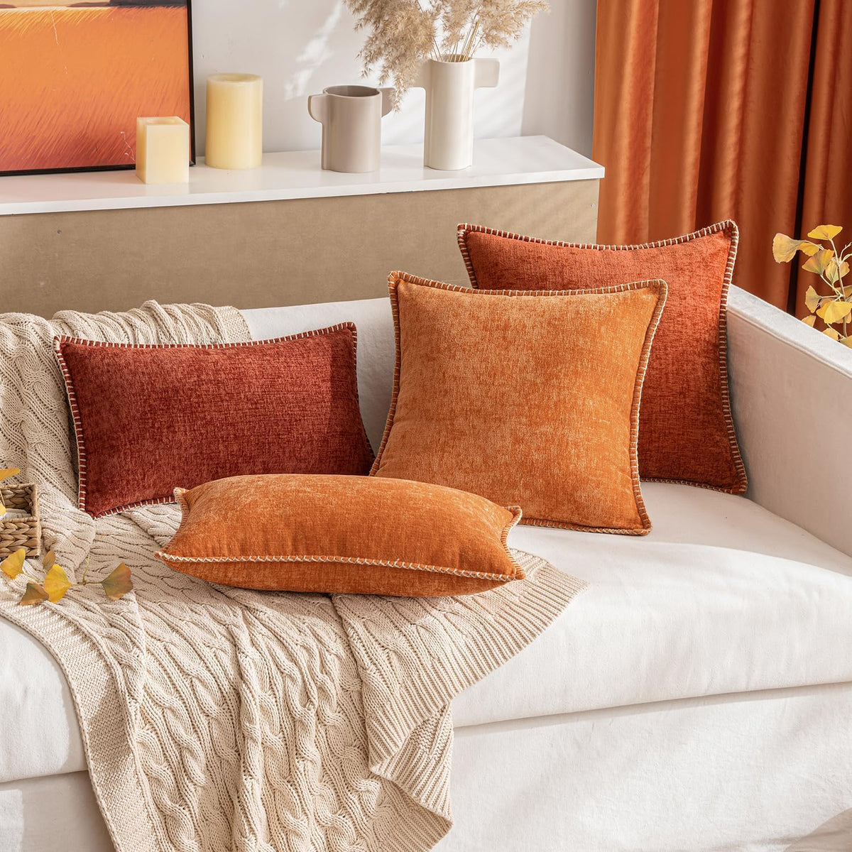 MIULEE Pack of 2 Fall Couch Throw Pillow Covers 12x20 Inch Rust Farmhouse Decorative Pillow Covers with Stitched Edge Soft Chenille Solid Dyed Pillow Covers for Sofa Bed Living Room