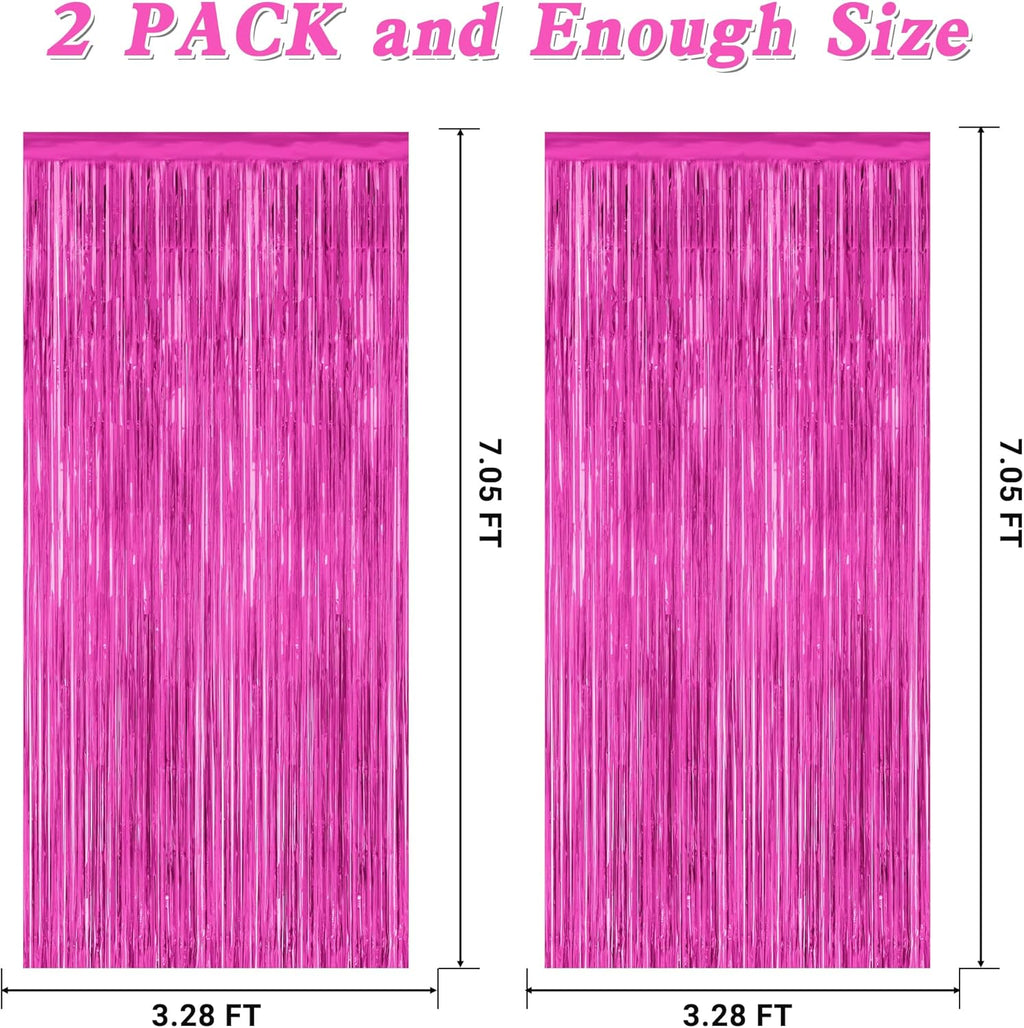2 Pack Hot Pink Party Decorations, 3.28 FT x 7.05 FT Hot Pink Backdrop, Metallic Rose Red Photo Backdrop Foil Curtains Tinsel Backdrop, Metallic Pink Party Decor Wedding Party Supplies