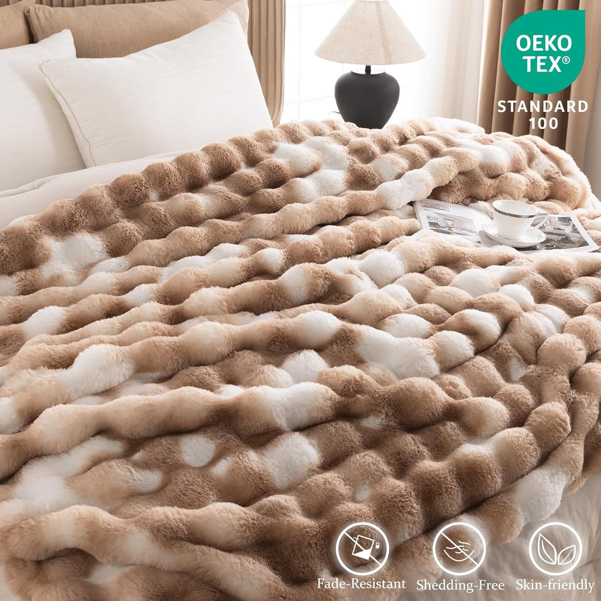 Cozy Faux Fur Throw Blanket for Couch-Warm Fuzzy Throw Blanket, Soft Plush Thick Bubble Blankets for Bedroom and Living Room, Furry Luxury Blanket, 50 x 60, Tie-Dye Brown