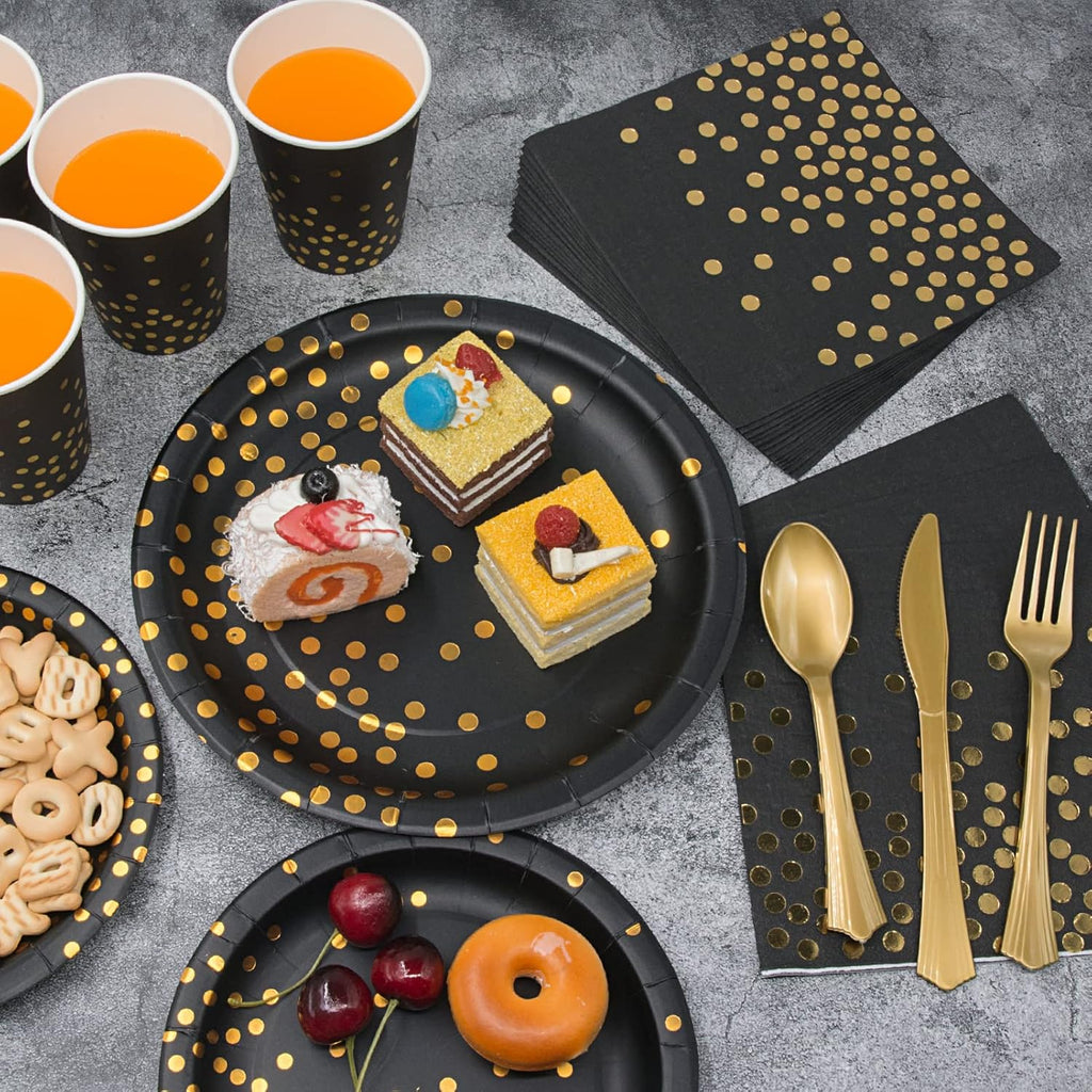 Black and Gold Party Supplies, 350PCS Disposable Dinnerware Set Inclueds Black Gold Dot Paper Plates Napkins Cups Gold Plastic Fork Knives Spoon for Women Men Birthday Wedding Baby Shower Decorations