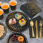 Black and Gold Party Supplies, 350PCS Disposable Dinnerware Set Inclueds Black Gold Dot Paper Plates Napkins Cups Gold Plastic Fork Knives Spoon for Women Men Birthday Wedding Baby Shower Decorations