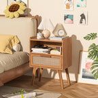 Lerliuo Rattan Nightstands Set of 2, Side Table with Drawer, Cane Accent Bedside End Table with Solid Wood Legs, Mid Century Modern Night Stand for Bedroom, Dorm and Small Spaces (Tea Brown)