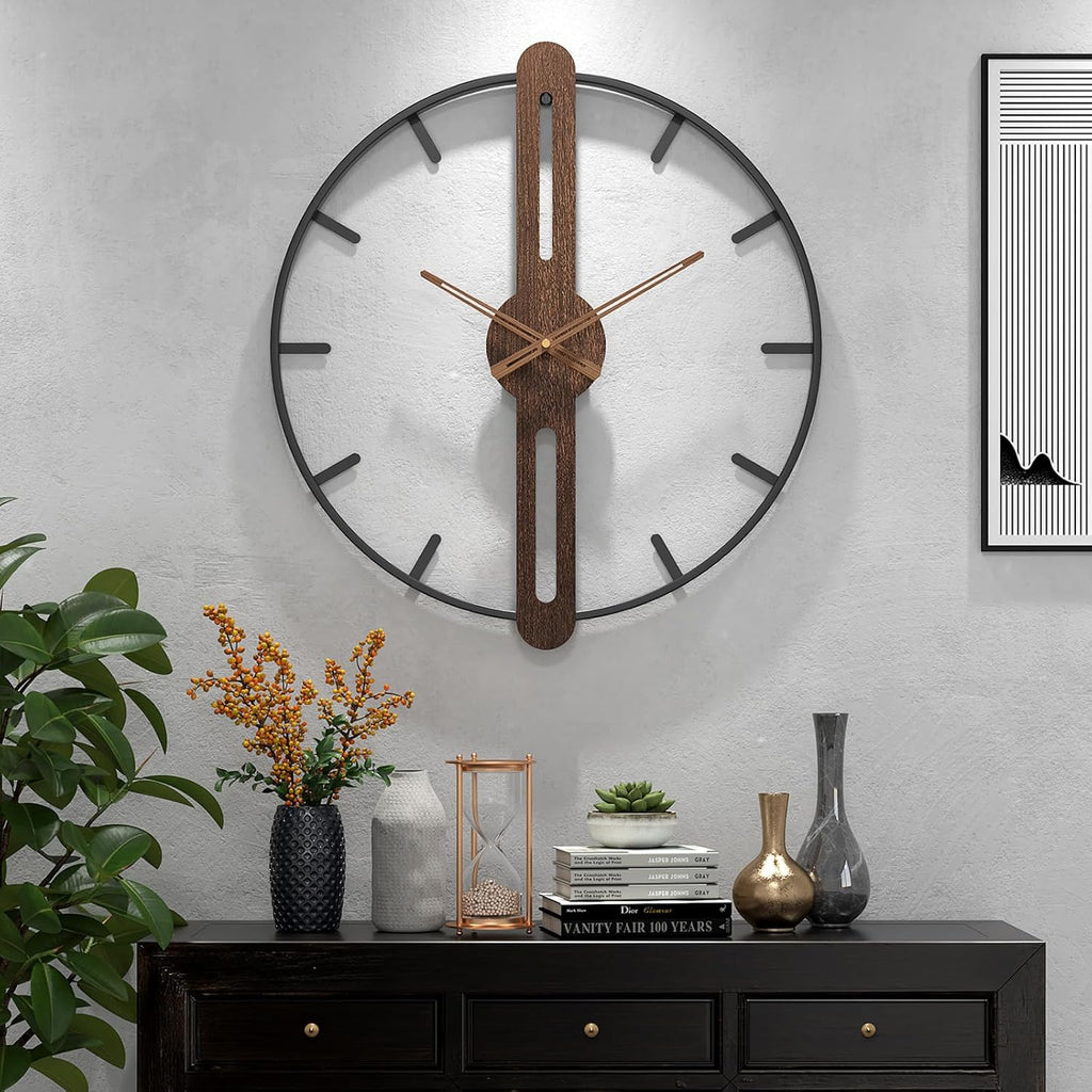 Modern Walnut Dial Wall Clock, Wood Large Wall Clock Decor Metal Frame Silent Non Ticking for Living Room, Bedroom, Kitchen, Study Decoration, Handmade Home Present Idea, 20 in （50 cm）