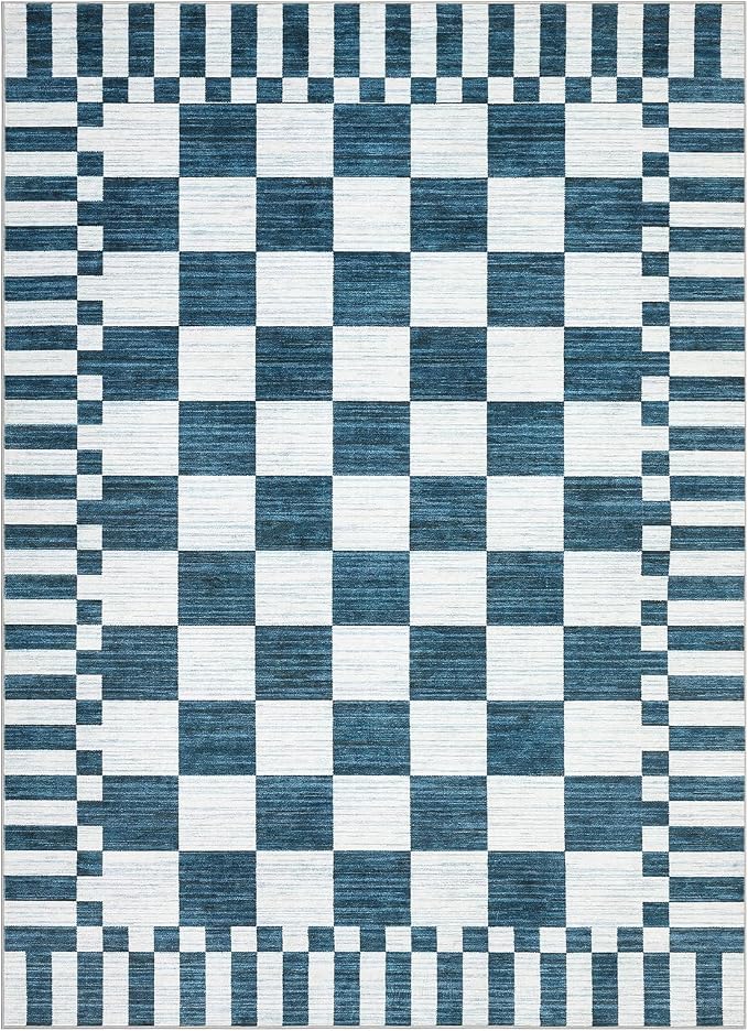 GarveeHome 8x10 Area Rugs Geometric Washable Modern Navy Blue Checkered Rug | - Image 4