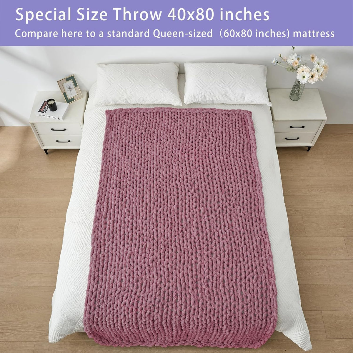 Bigacogo Chunky Knit Throw Blanket for Couch, 40x80 inches, 100% Hand Knitted with Thick Jumbo Chenille Yarn, Cozy Soft Large Rope Knot Cable Crochet Blankets for Sofa Bed Living Room, Burnt Rose